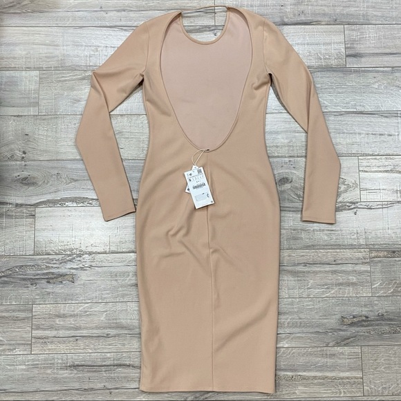 Zara Nude Beige Low Back Long Bodycone Dress Small - Picture 7 of 16